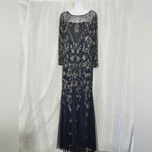 Adrianna Papell Navy and Gold Long Sleeve Gown - Picture 2 of 12